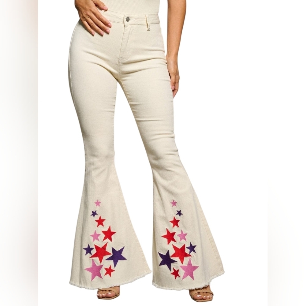 Peach Love Bell Leg Star Print Cream Denim Jeans‎ New S M L